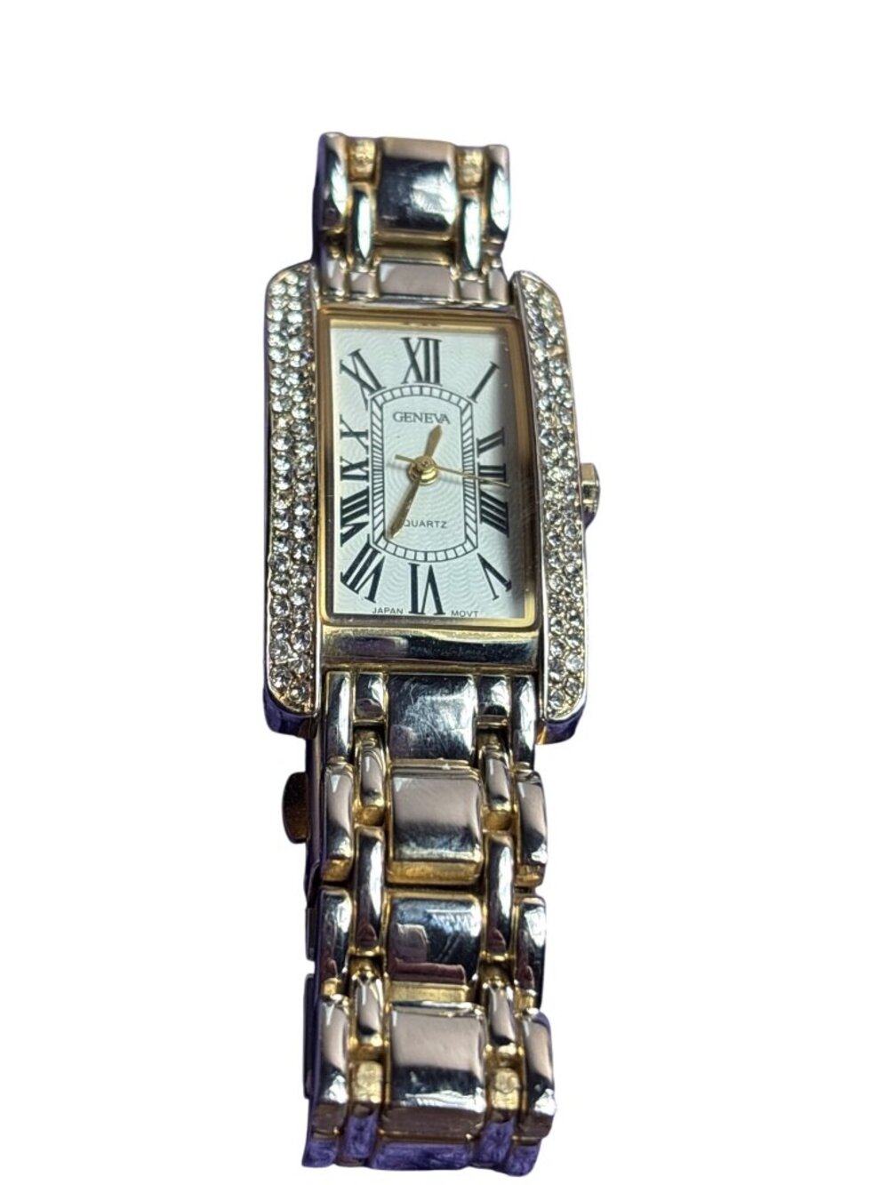 Geneva Quartz Watch Faded Goldtone Clear Rhinestone Pave Missing 1 Untested